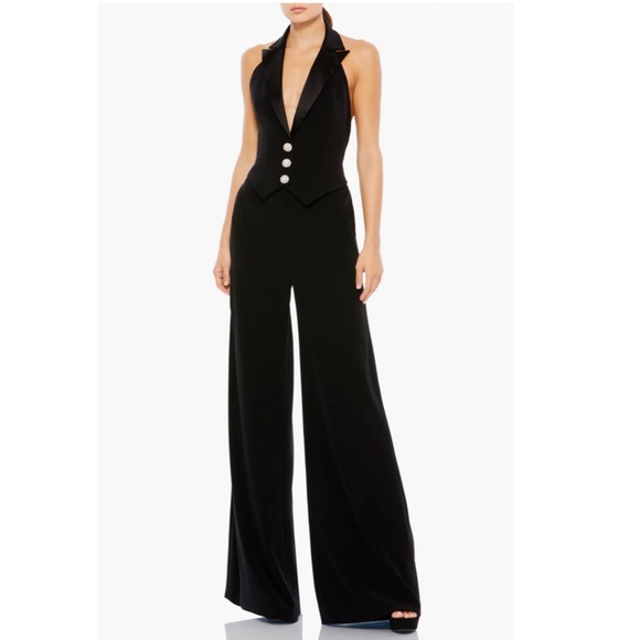 NEW IEENA for MAC DUGGAL Black PLUNGE Halter Neck TUXEDO Evening JUMPSUIT 2 - Picture 4 of 16